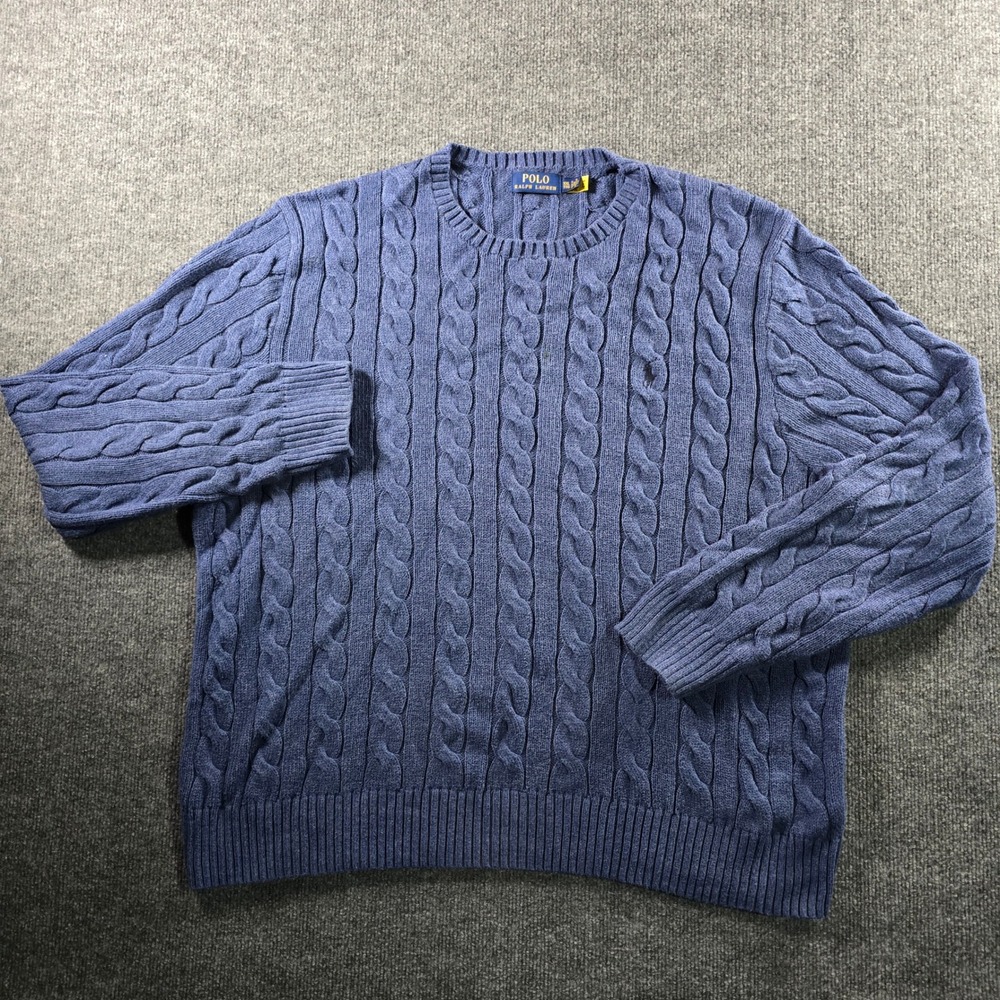 Polo Ralph Lauren Mens XXL Blue Cable Knit Crew Neck Sweater Pullover Pony Logo